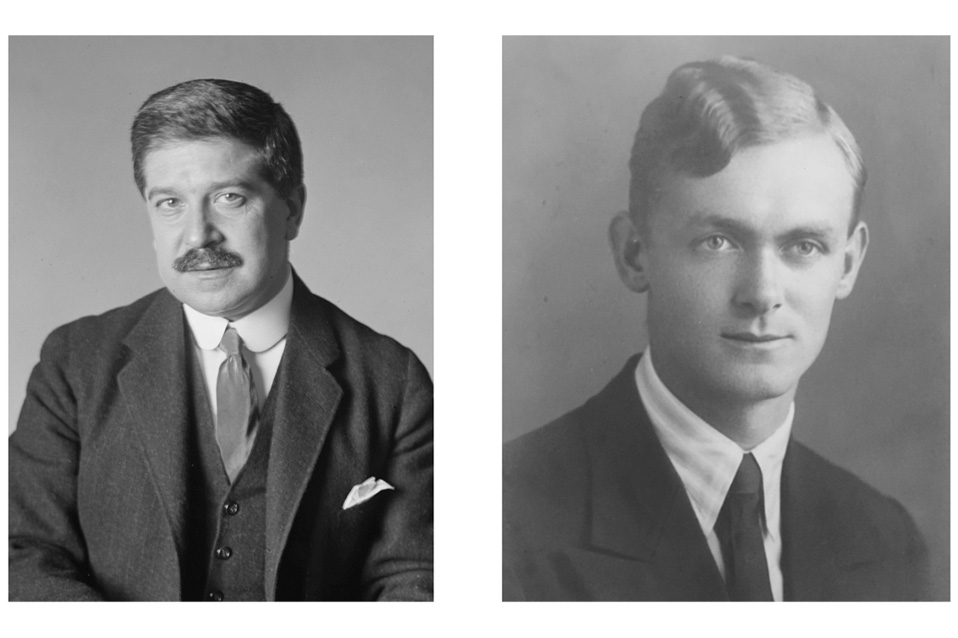 Two men where suits, looking at the camera with side-combed hair.